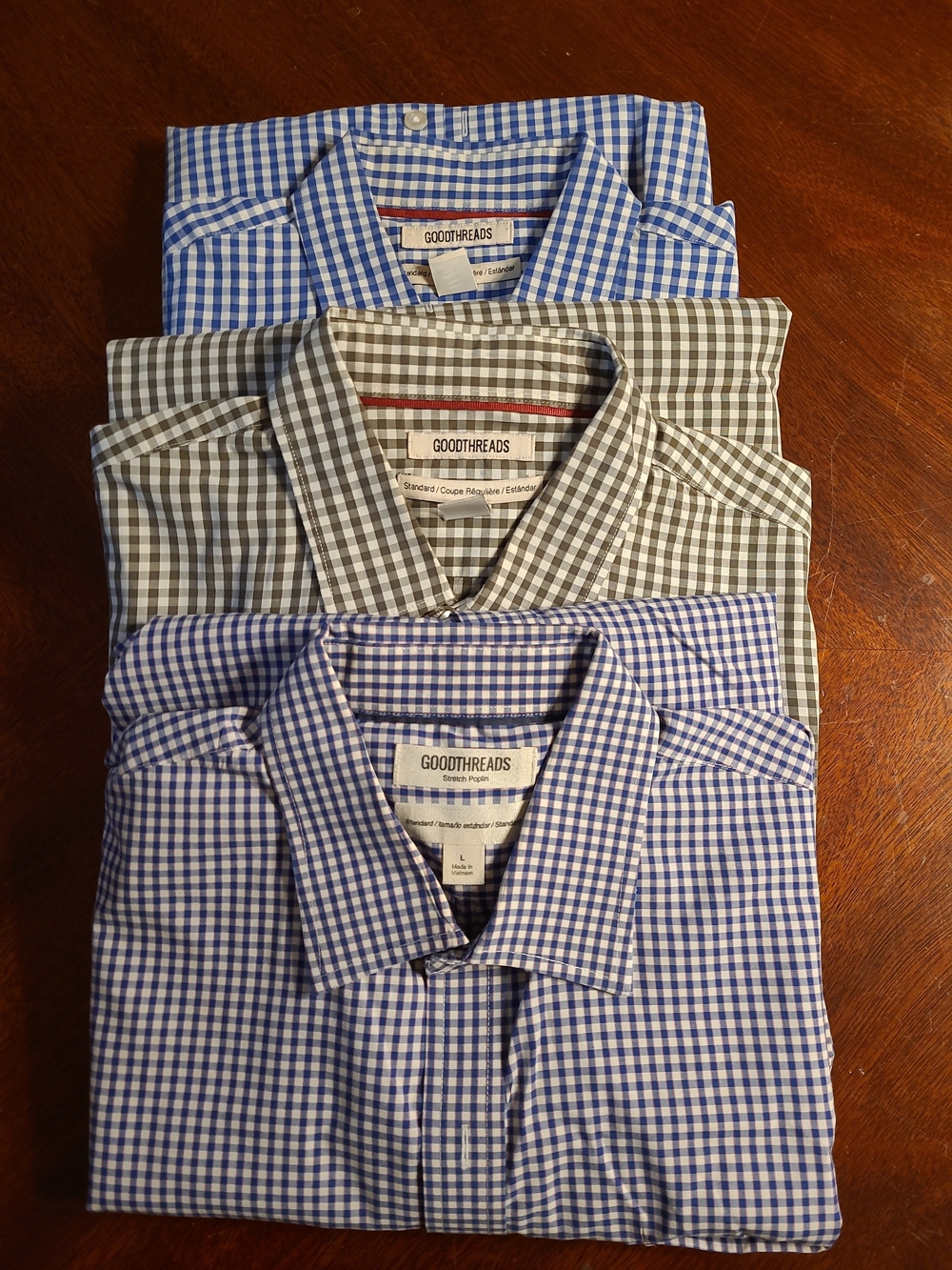 Goodthreads Mens Stretch Poplin Gingham Casual Button-Down Shirts (3-Pack) Lg Sz